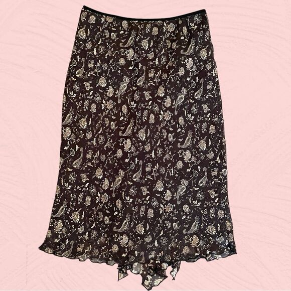 Vintage 90s brown paisley skirt lettuce hem ruffled - Picture 1 of 13
